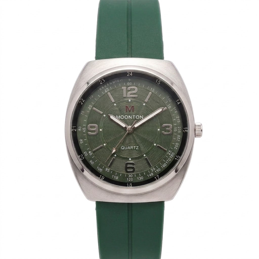 Moonton Emerald Luxury Edition – Textured Green Dial Quartz Watch with Silicone Strap 🟢⌚