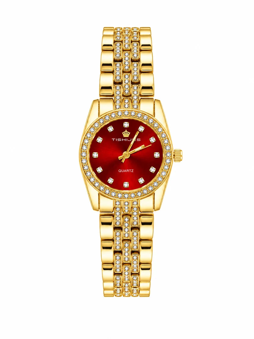 Women Diamond-Encrusted Gold & Ruby Red Dial Women's Quartz Watch 👑
