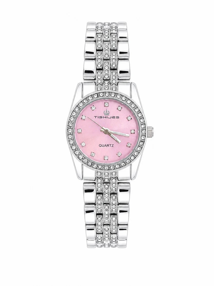 Women’s Luxury Fashion Watch with Beautiful Pink Dial, Crystal Rhinestones & Elegant Silver Bracelet