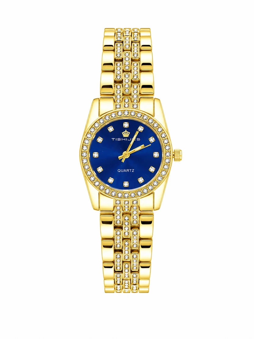 Women Luxury Diamond-Encrusted Gold & Blue Dial Women's Quartz Watch 👑