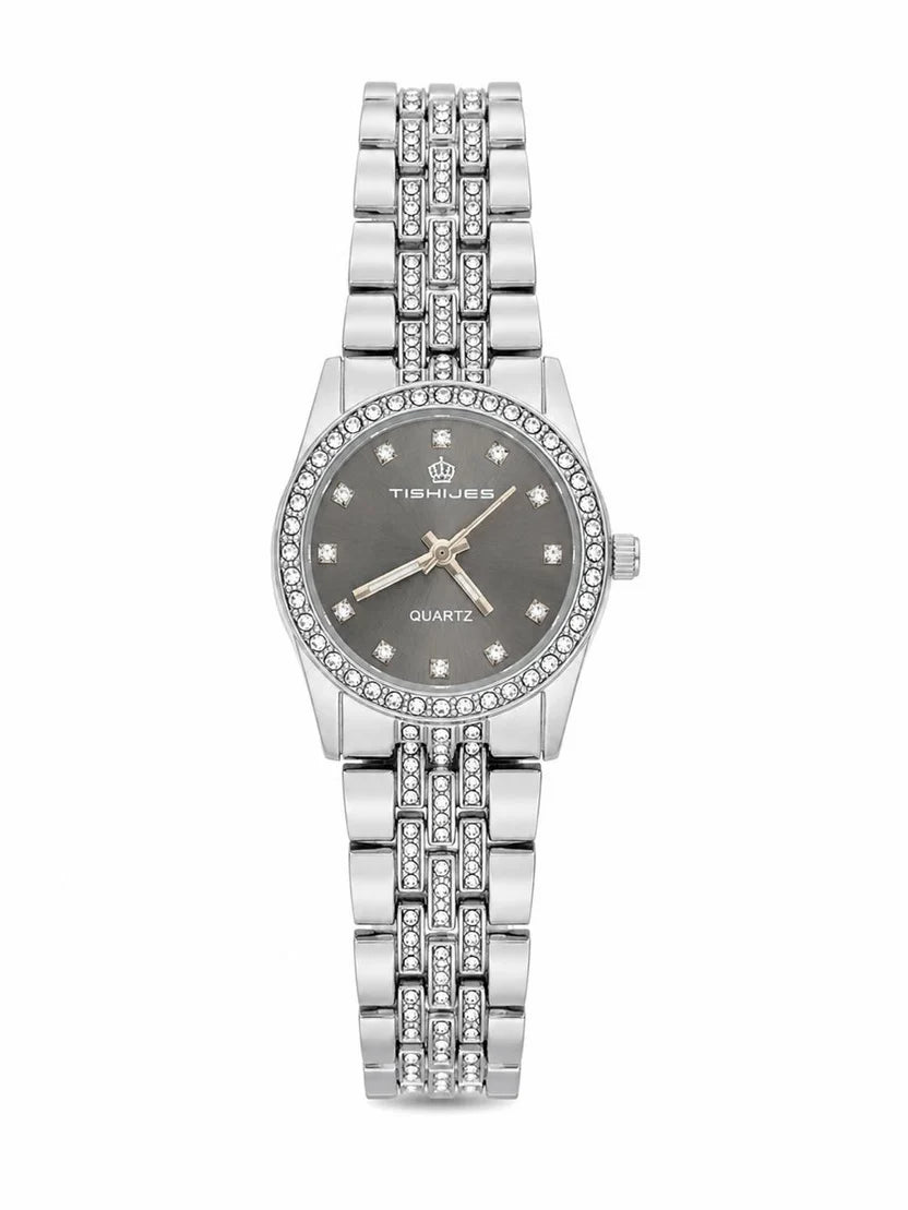 Women’s Luxury Fashion Watch with Beautiful Gray Dial, Crystal Rhinestones & Elegant Silver Bracelet