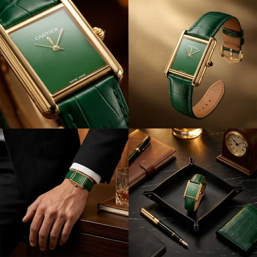 Cartier Tank Classic Emerald Green Dial Watch – Gold Bezel & Leather Strap 💚✨