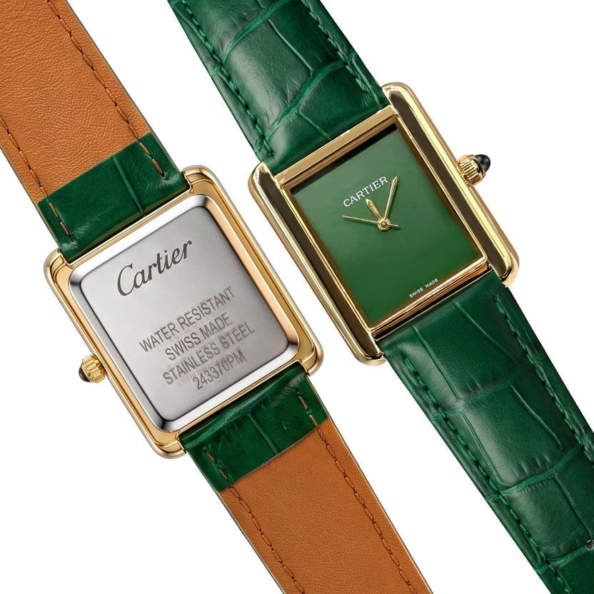 Cartier Tank Classic Emerald Green Dial Watch – Gold Bezel & Leather Strap 💚✨