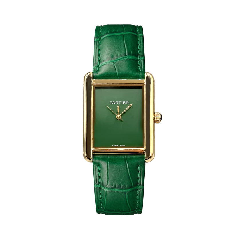 Cartier Tank Classic Emerald Green Dial Watch – Gold Bezel & Leather Strap 💚✨