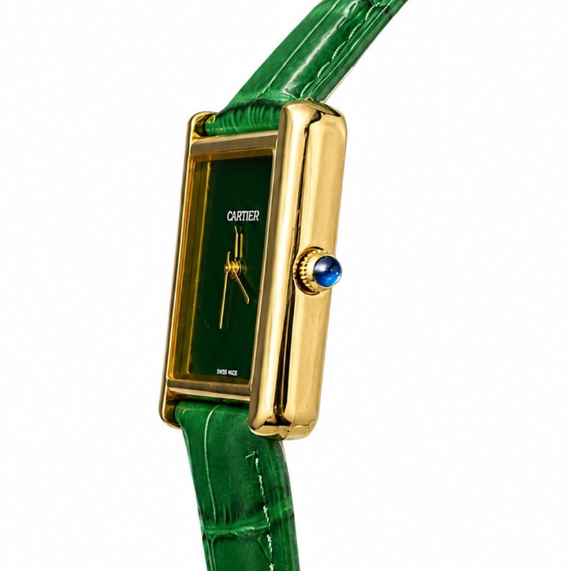 Cartier Tank Classic Emerald Green Dial Watch – Gold Bezel & Leather Strap 💚✨