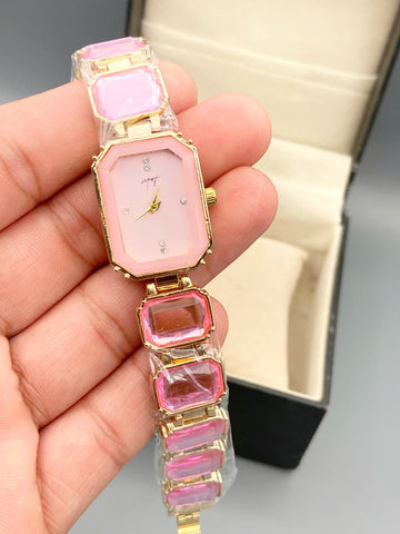 Elegant Pink Crystal Gemstone Bracelet Watch for Women – Luxury Gold Dial Fancy Dress Watch
