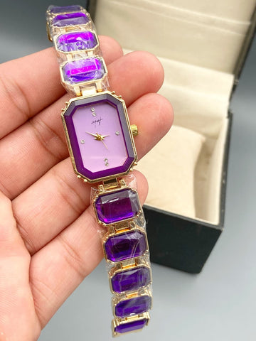 Luxury Purple Crystal Gemstone Bracelet Watch for Women – Gold Plated Fancy Party Wear Watch