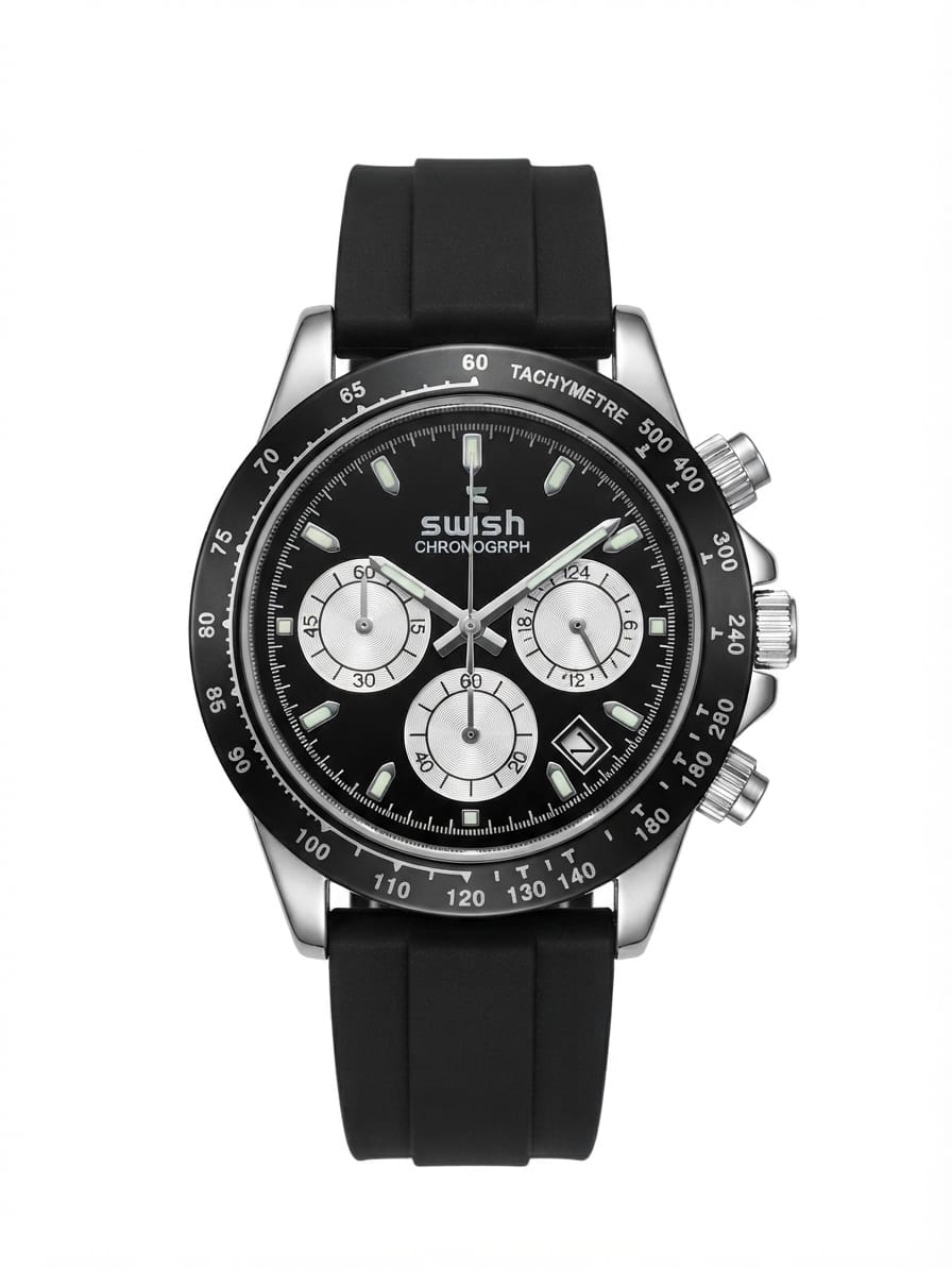 SWISH Luxury Chronograph Sports Watch – Black Silicone Strap & Silver Bezel