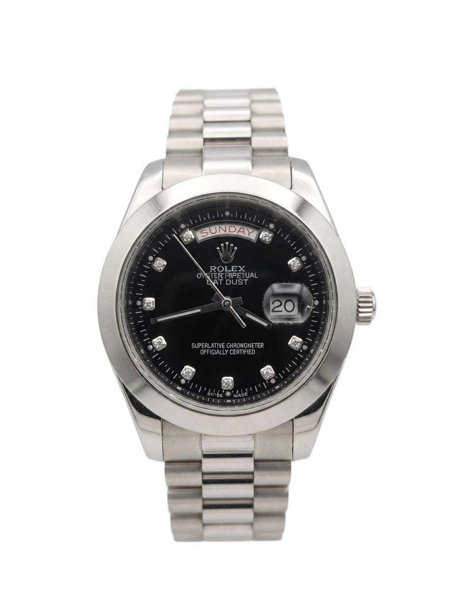 Rolex Style Day-Date Oyster Perpetual Watch – Black Dial & Silver Bracelet