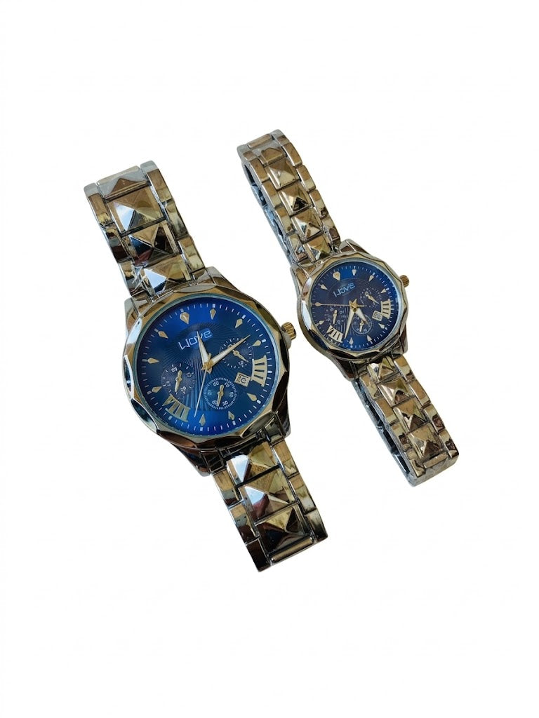 Wove Diamond-Cut Geometric Couple Watches Set – Royal Blue Dial Stainless Steel Pair