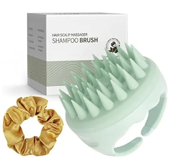 Hair Scalp Massager Shampoo Brush - Silicone Head Scrubber with Satin Scrunchie