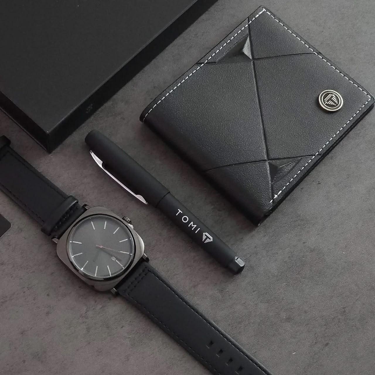 TOMI Premium All-Black Men's Gift Set – Watch, Wallet & Pen