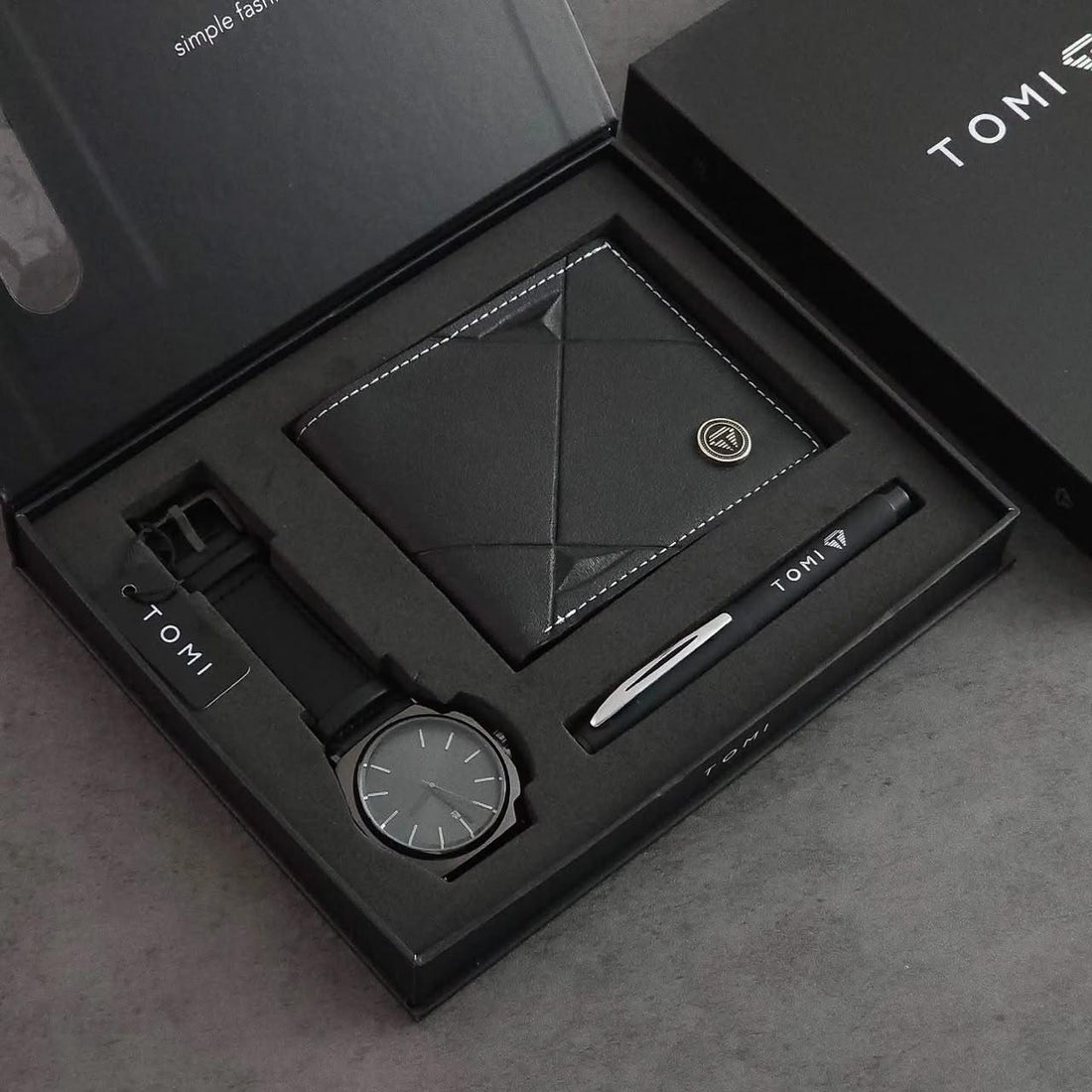 TOMI Premium All-Black Men's Gift Set – Watch, Wallet & Pen