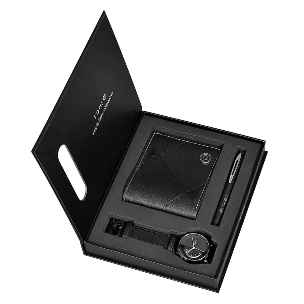 TOMI Premium All-Black Men's Gift Set – Watch, Wallet & Pen