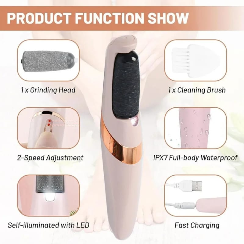 Electric Foot File Callus Remover

Rechargeable Foot Grinder with 2 Roller Heads, 2 Speeds & LED Light | Dead Skin Remover for Feet