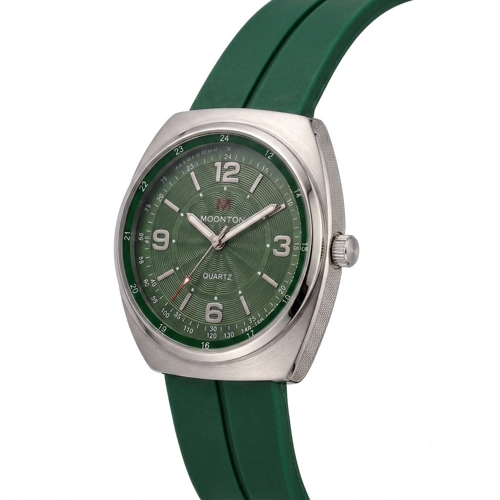 Moonton Emerald Luxury Edition – Textured Green Dial Quartz Watch with Silicone Strap 🟢⌚